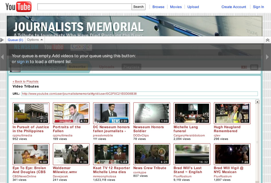 L'homepage del canale Youtube Journalists memorial